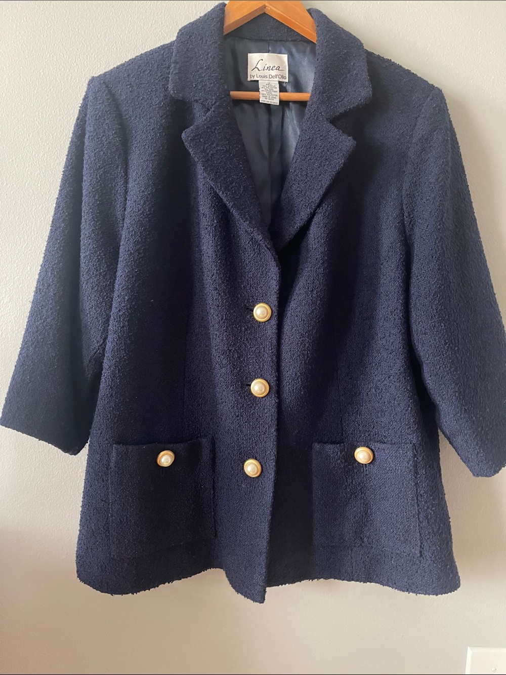 Linea by Louis Dell'Olio Navy Bouclé Blazer with Pearl-Style Gold Buttons